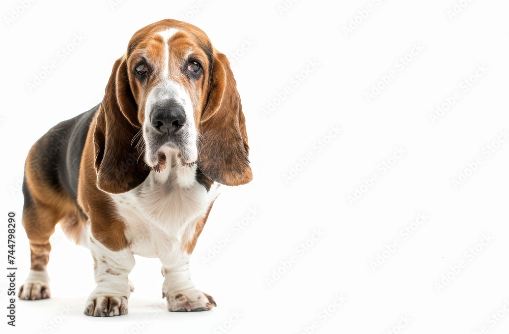 A Basset Hound with soulful eyes gazes thoughtfully, capturing the breed's gentle demeanor. Its tri-color coat stands out against a pure white background, highlighting its distinctive droopy ears.