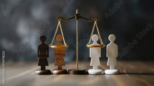 Conceptual image of justice scale balancing figures representing racial and gender equality and legal fairness.
