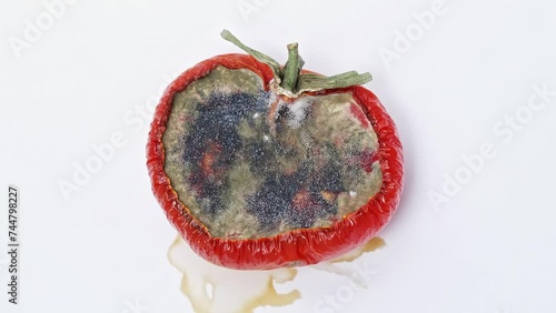 Rotting and moldy tomato slice. Growing mold on surface of rotten tomato. Rotting tomato at white background. Timelapse of growing mold on rotten tomato. Close-up in 4K, UHD