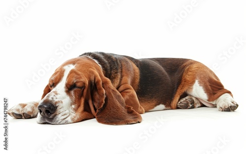 Captured in repose, this Basset Hound's soulful eyes and relaxed body language invite onlookers into a moment of peace.