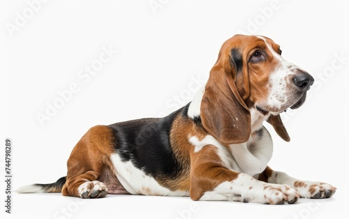 A loyal Basset Hound gazes upward, its black, brown, and white coat contrasting sharply against the white backdrop.