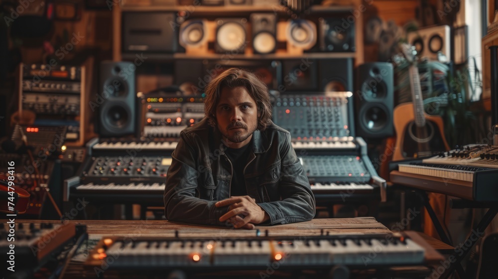 Music producer recording a song in a recording studio. He is sitting on a chair and listening to the music. Music producer recording a song in a recording studio. He is sitting on a chair and listening to the music.