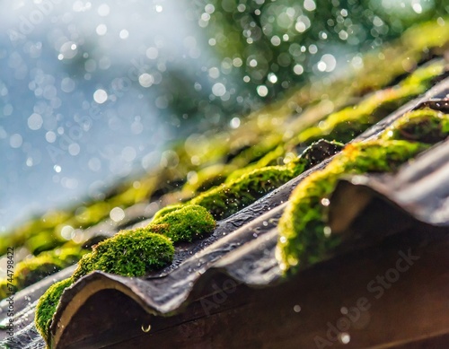 mousse sur tuiles de toit avec pluie photo