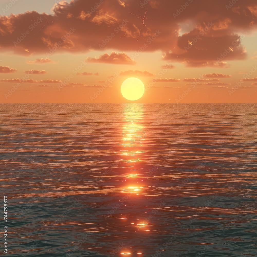 Serene Ocean Sunset with Golden Reflection on Calm Waters, Symbolizing Peace and Tranquility