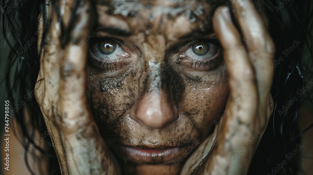 Close-Up Portrait of Woman with Dirty Face, Hands on Face, Looking at Camera