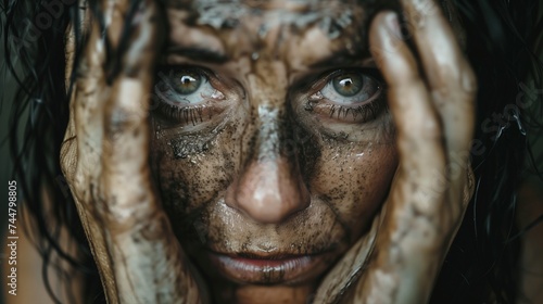 Close-Up Portrait of Woman with Dirty Face, Hands on Face, Looking at Camera