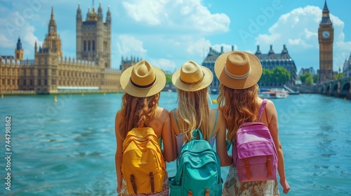 Three women by the river in London, with a view of the sky and nearby buildings