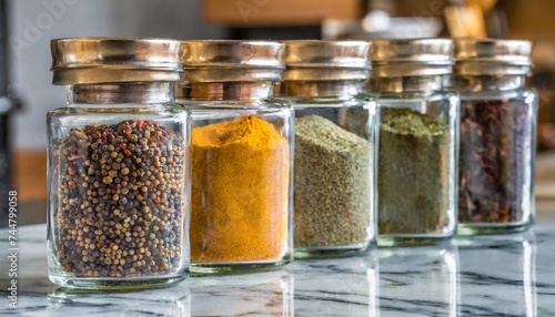 close up of glass container of spices on reflection marble table in background of modern kitchen cooking concept of powder and seasoning