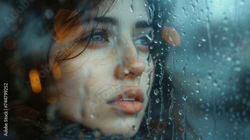 Close-Up of Young Brown-Haired Woman Peering Through Rain-Soaked Glass Window © Matt
