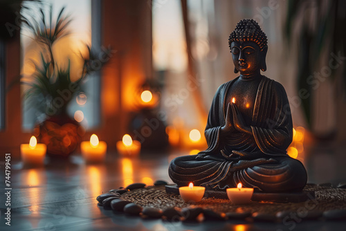 A serene Buddha statue meditates surrounded by flickering candles  creating a peaceful and spiritual ambiance.