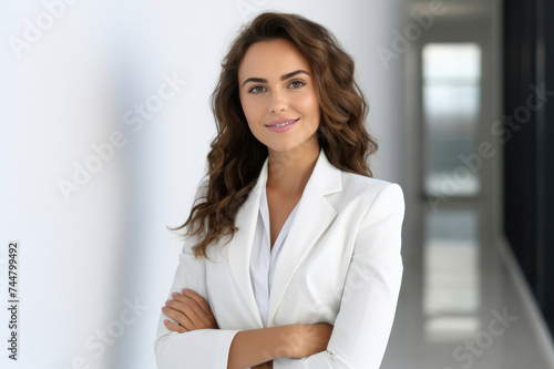 Confident businesswoman in elegant white blazer with wavy hair