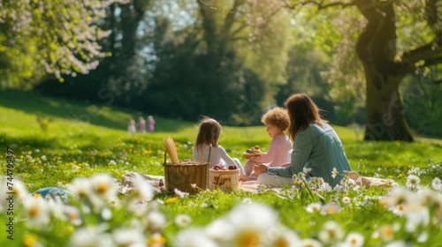 A happy family enjoys leisure and recreation in nature's beautiful landscape, surrounded by trees, flowers, and plants in the park. AIG41