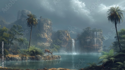 A mystic prehistoric valley with lush palms and waterfalls  where dinosaurs roam freely under a stormy sky in an ageless echo of Earth s past