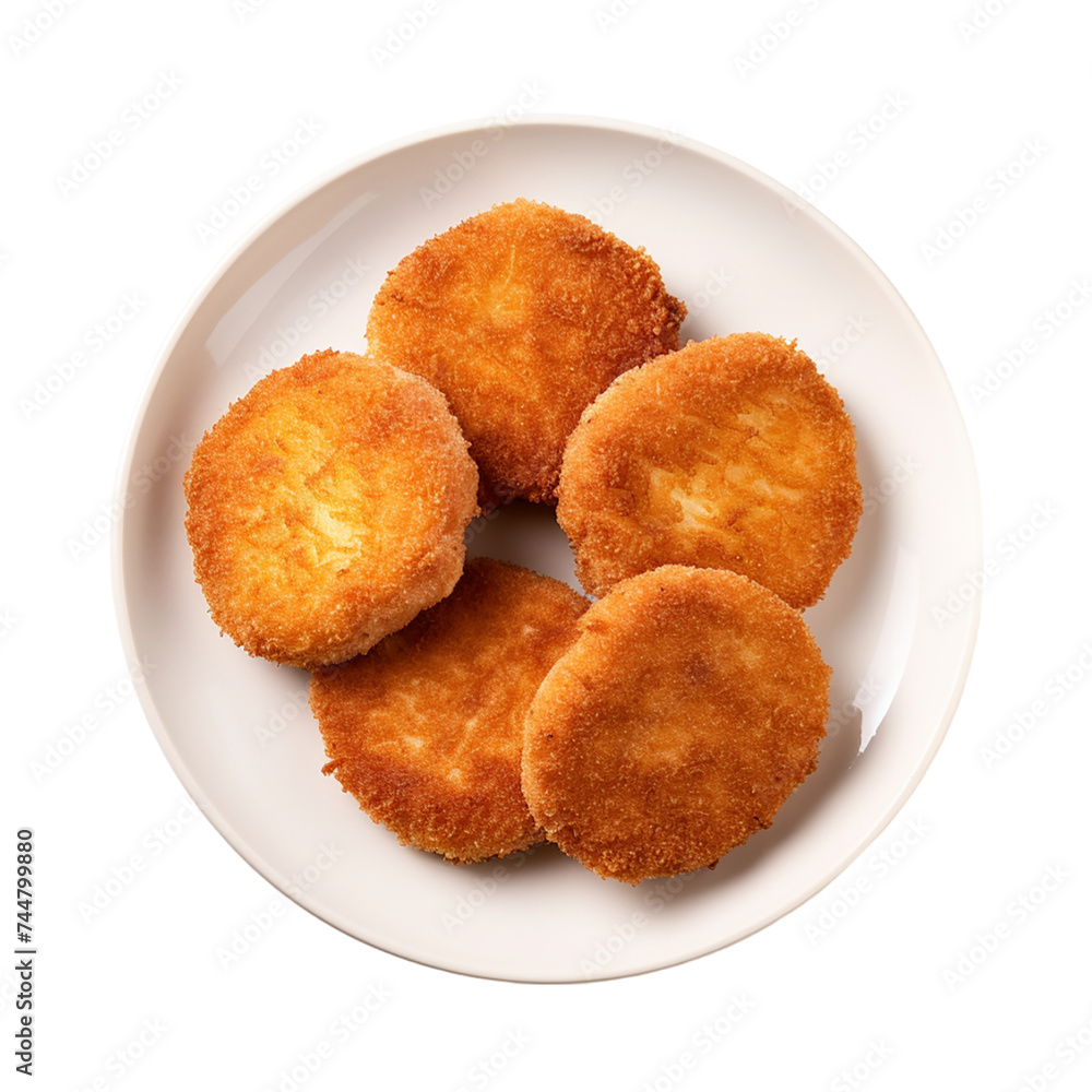 Fried chicken nuggets on a plate isolated on transparent background.