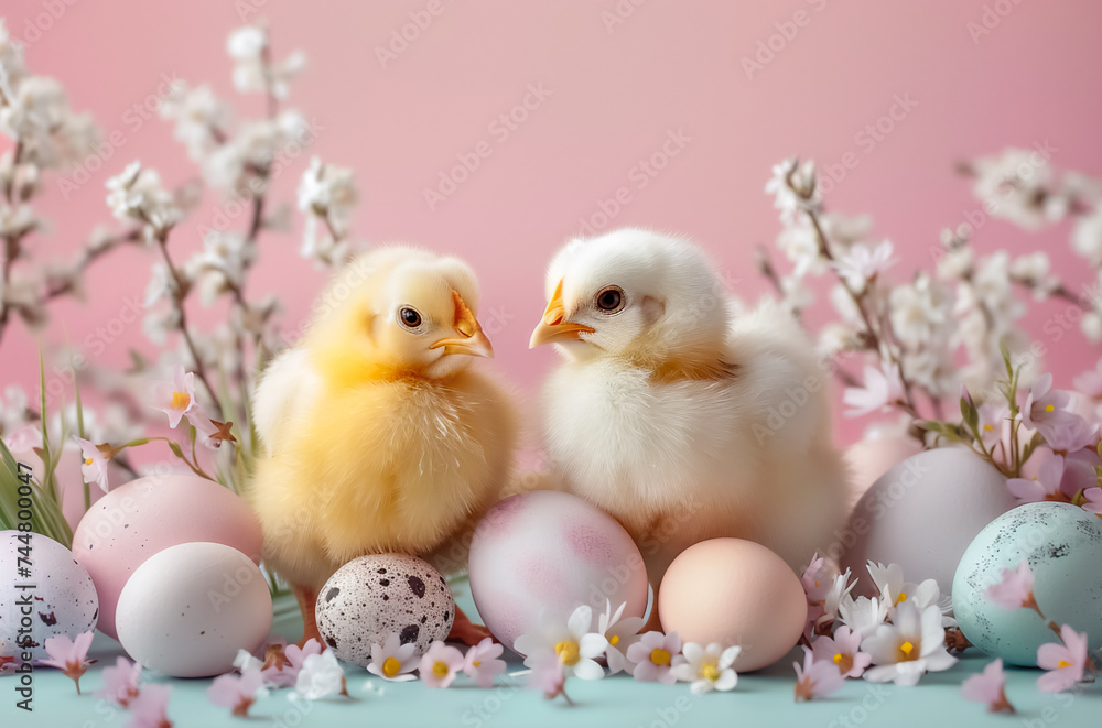 A cute yellow chicken surrounded by colorful Easter eggs and flowers on a blue background. The image can be used for Easter cards or spring season decorations.