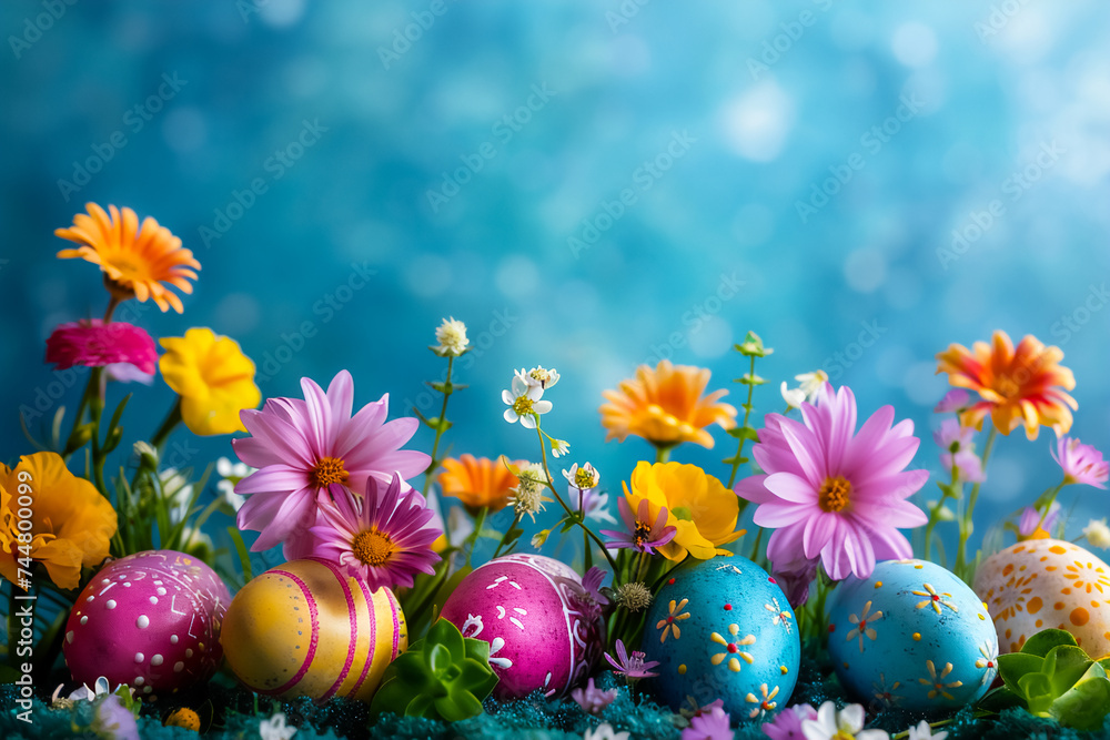 Bright Easter eggs surrounded by flowers against a blue bokeh background. It can be used as a card or decoration for Easter celebrations. Bright Easter eggs surrounded by flowers against a blue bokeh background. It can be used as a card or decoration for Easter celebrations.