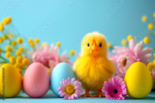 A cute yellow chicken surrounded by colorful Easter eggs and flowers on a blue background. The image can be used for Easter cards or spring season decorations.