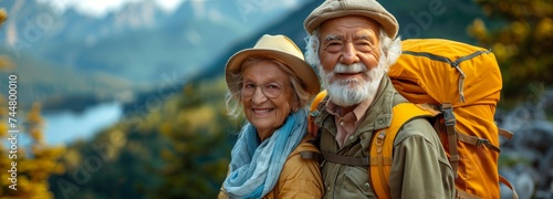 Elderly couple in sun hats smiling at beautiful mountain landscape photo
