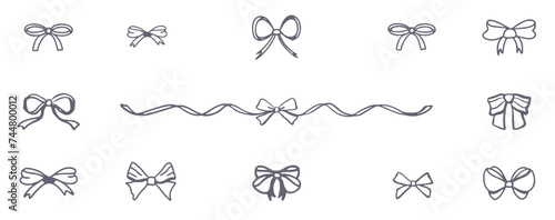 Set of bows on white background. Outline vector with ribbons and ties.