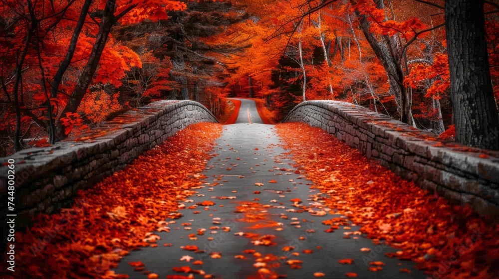 Autumn dreamscape: Stone bridge amidst fiery red foliage, leading to a mysterious path shrouded in the warmth of fall - obrazy, fototapety, plakaty 