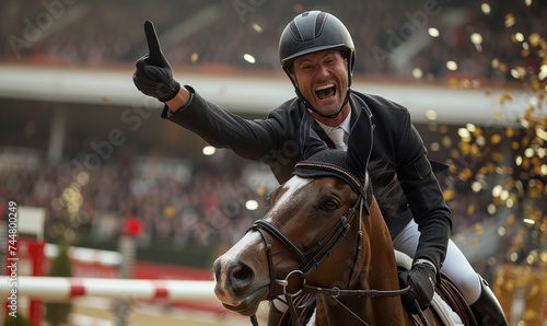 Professional equestrian celebrating the championship gold
