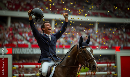 Professional equestrian celebrating the championship gold
