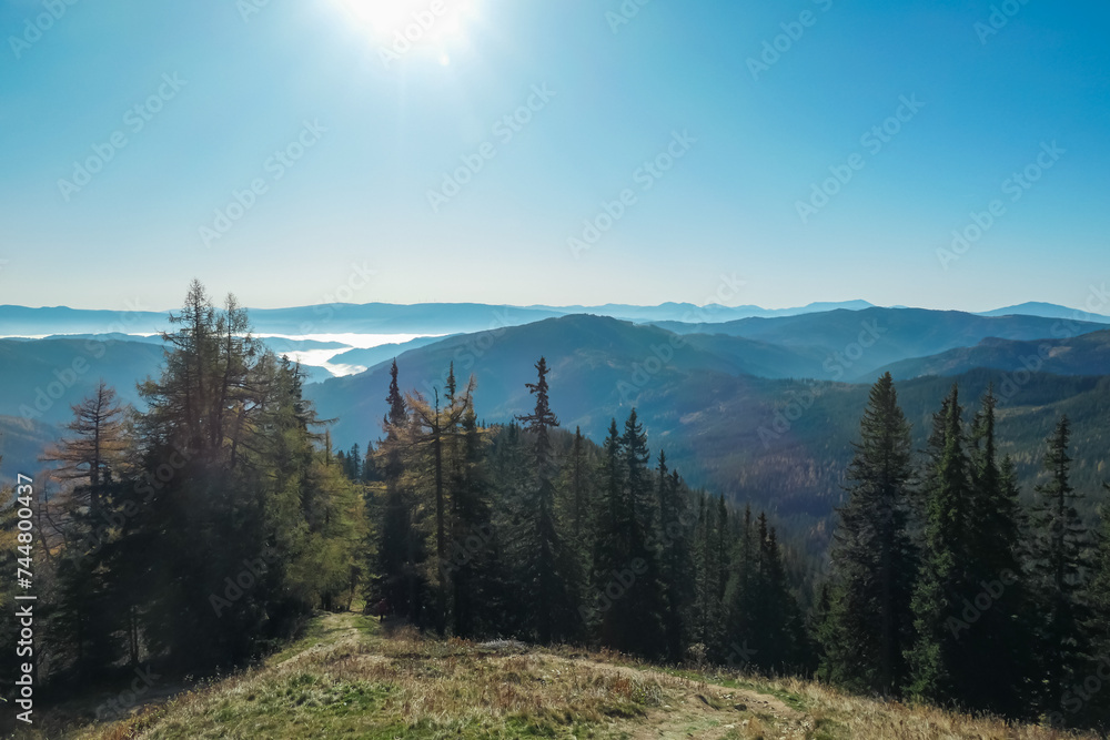 Scenic hiking trail in idyllic forest with panoramic view of alpine valley covered in clouds in Mürzsteg Alps, Styria, Austria. Wanderlust in remote Austrian Alps in autumn. Early morning atmosphere