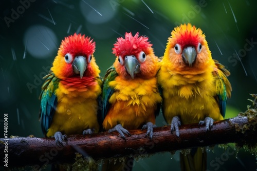 Three vibrant sun parakeets perched on a branch in the rain, with water droplets and a blurred green background. © Tida