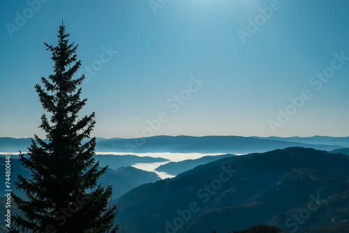 Panoramic view of alpine valley covered in clouds and fog in Mürzsteg Alps, Styria, Austria. Wanderlust in remote Austrian Alps in autumn. Early morning atmosphere. Scenic hiking trail in forest