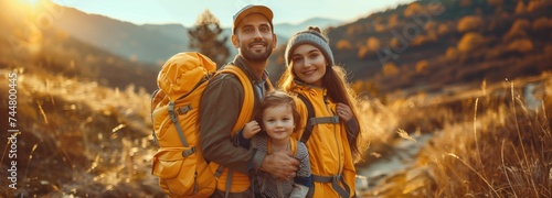 a family with backpacks is standing in a field