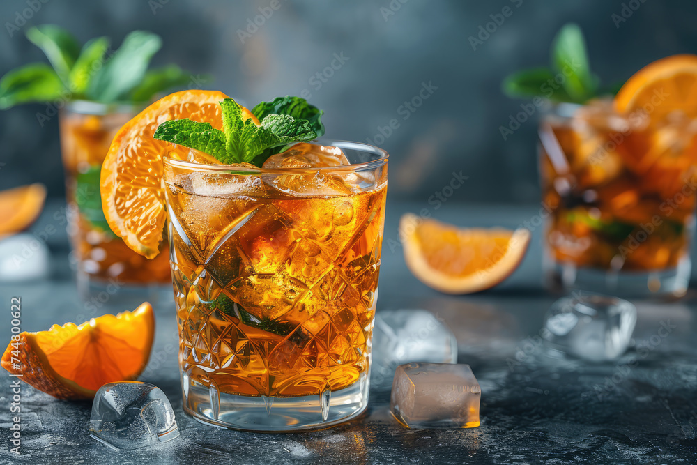 Iced tea with a twist of orange and a sprig of mint, served in a glass on a dark textured background. Iced tea with a twist of orange and a sprig of mint, served in a glass on a dark textured background.