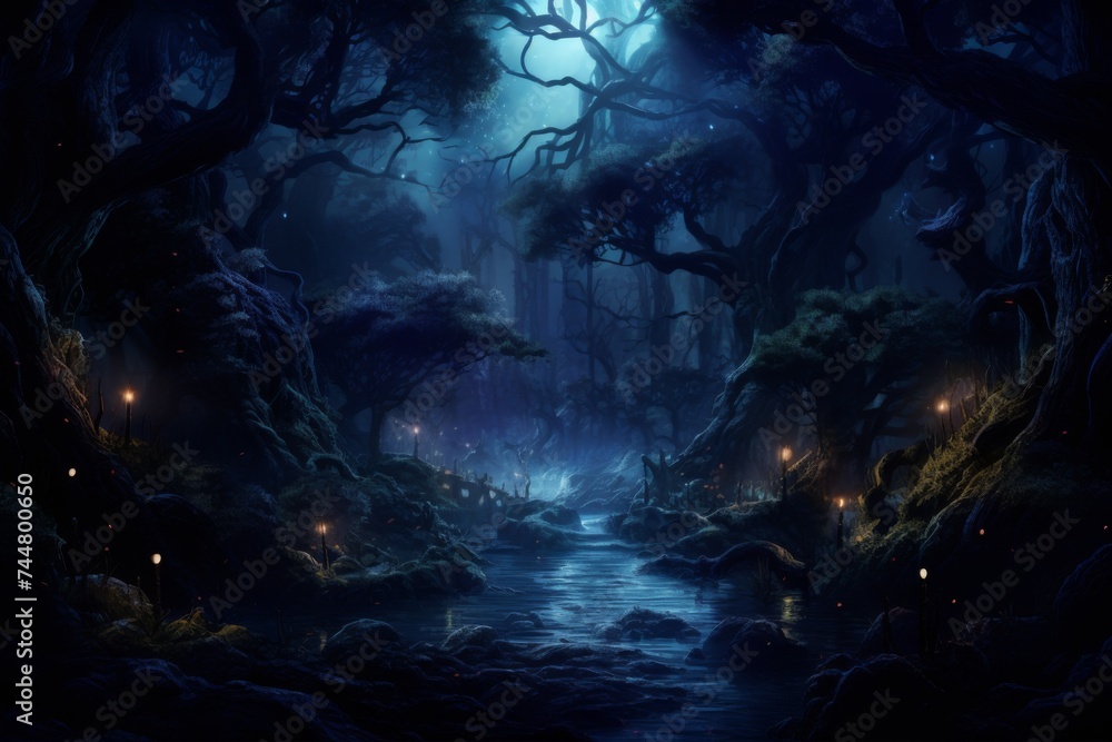 Mystical forest scene at night with eerie blue lighting, a tranquil stream, and glowing lanterns among twisted trees. Mystical forest scene at night with eerie blue lighting, a tranquil stream, and glowing lanterns among twisted trees.