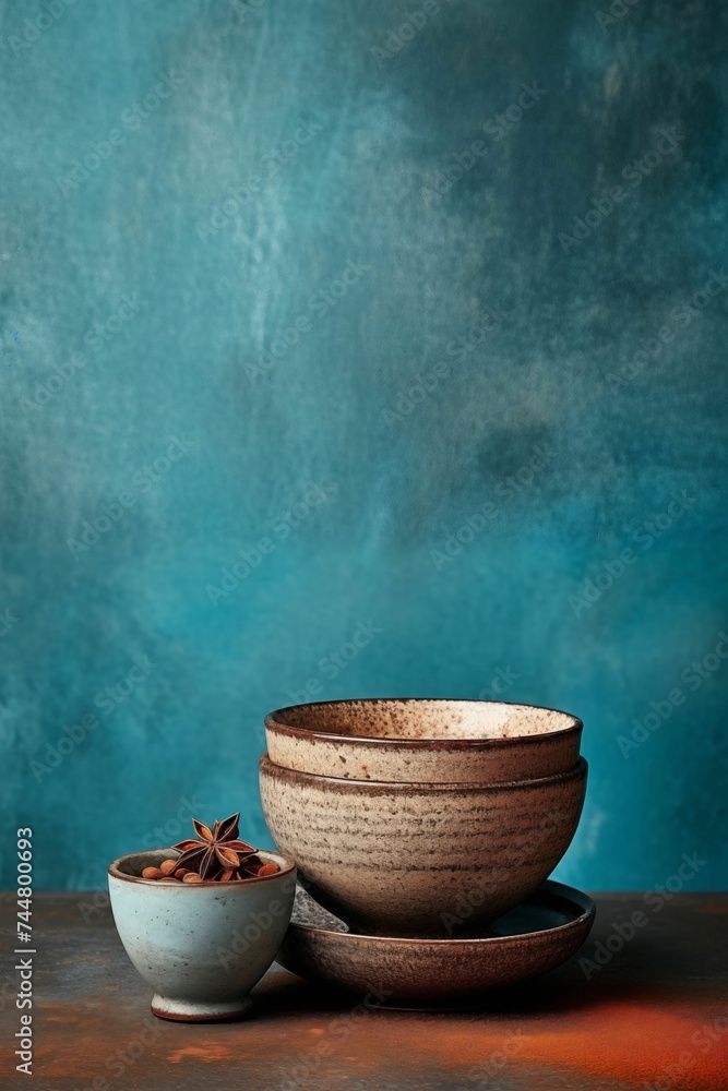 Two ceramic bowls on a wooden table. Painted blue background. Rustic style. Two ceramic bowls on a wooden table. Painted blue background. Rustic style.