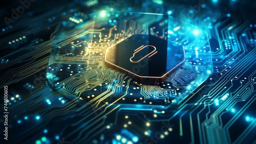 3D illustration of a secure microchip on a motherboard, representing cybersecurity and technology concepts.