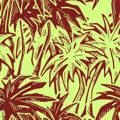 Tropical seamless pattern with palm leaves and tree. Holiday vocation theme for fabric print  textile design  fashion party invitation  luxury life style. Hand drawn cartoon line illustration.