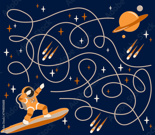 Help the astronaut find the right way to land on the planet. Maze game. Educational games for children. Vector illustration.