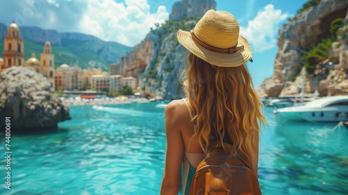 Woman in straw hat enjoys nature by standing in front of water