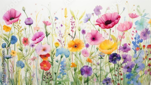Colorful watercolor painting of a vibrant wildflower meadow with various species of flowers.