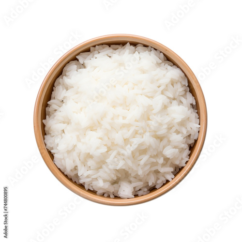 Cooked Rice in a brown bowl. Isolated on a transparent background.