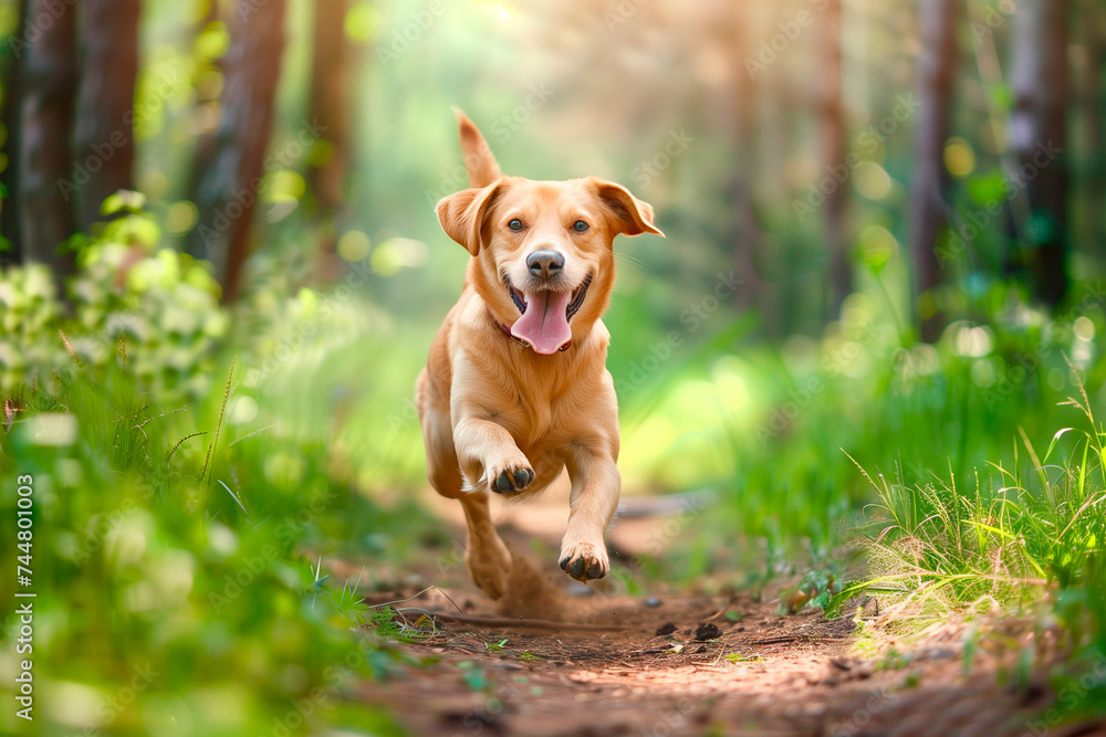 happy dog ​​running through the green forest