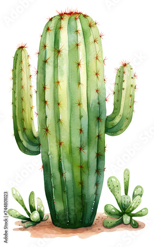 Watercolor illustration of a cartoon cactus. Transparent background, png