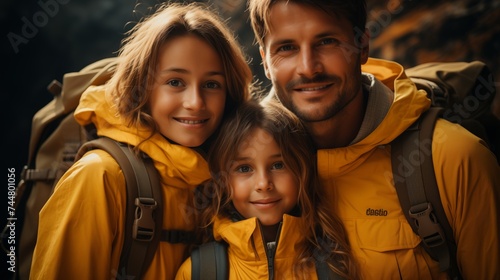 A man and two kids with backpacks smiling for a fun travel photo