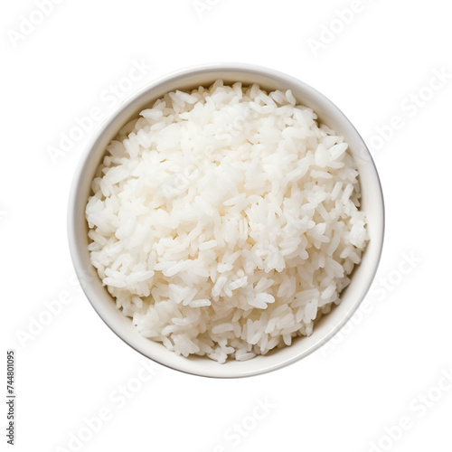 Cooked Rice in a white bowl. Isolated on a transparent background.