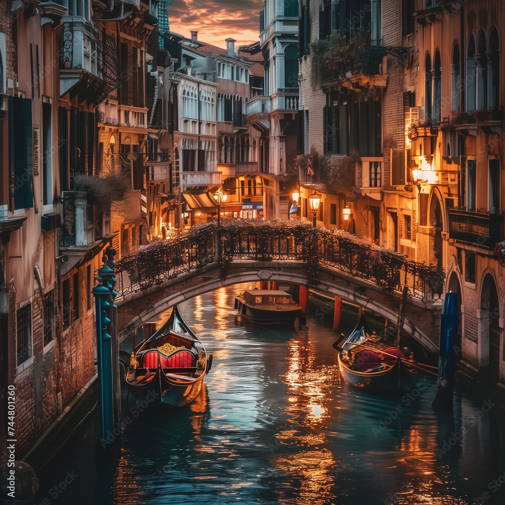 Venetian Canal at Twilight with Gondolas and Historic Architecture