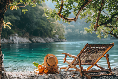 A tranquil lakeside scene with a wooden lounge chair and straw hat  ready for a relaxing day by the clear turquoise water.