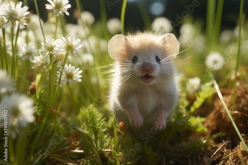A cute white mouse on a green meadow with white flowers, tiny paws grasping grass, quivering whiskers, sparkling eyes, and soft fur, creating a charming scene.