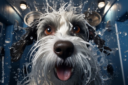 A small dog with a long coat is shaking its head vigorously, as water droplets fly off its wet and matted fur, creating a sense of joy and happiness on its face.