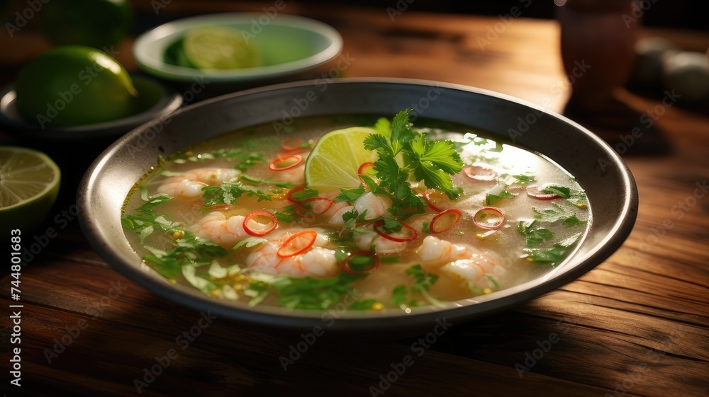 Gourmet seafood soup with fresh lime and cilantro