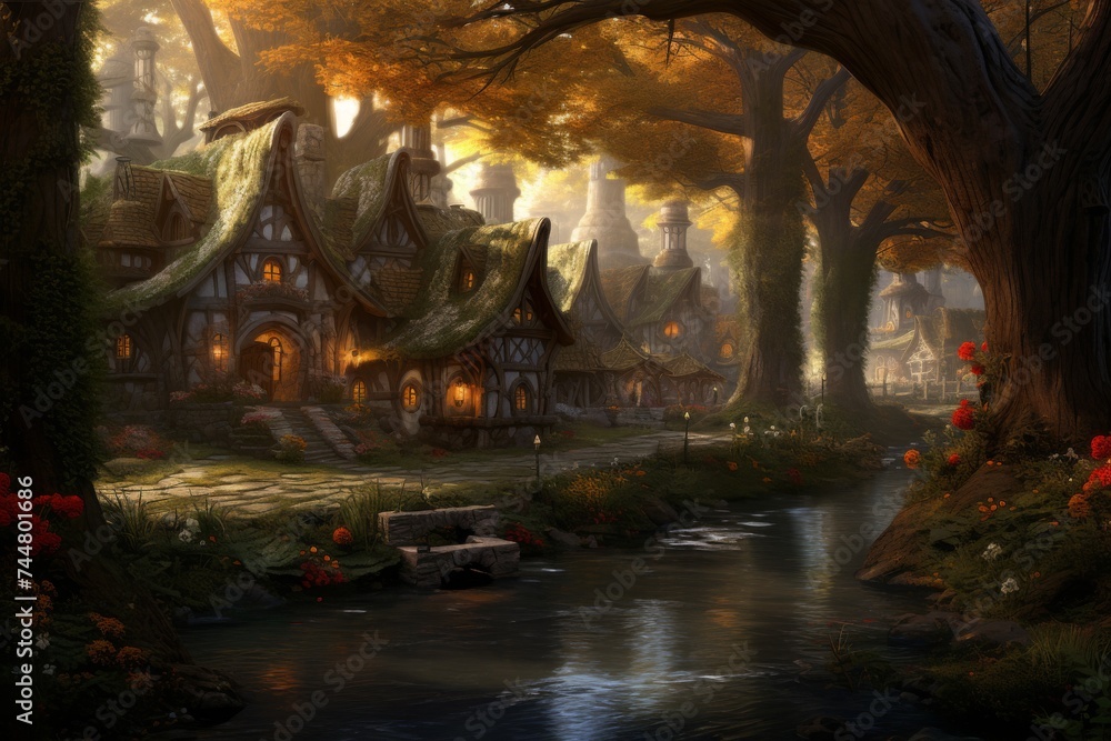 Fototapeta premium Enchanted Forest Cottage Scene - Magical autumn setting with whimsical houses by a serene stream