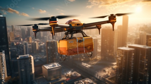 Futuristic Drone Delivery in City - Autonomous drone flying over urban skyline delivering goods during golden hour